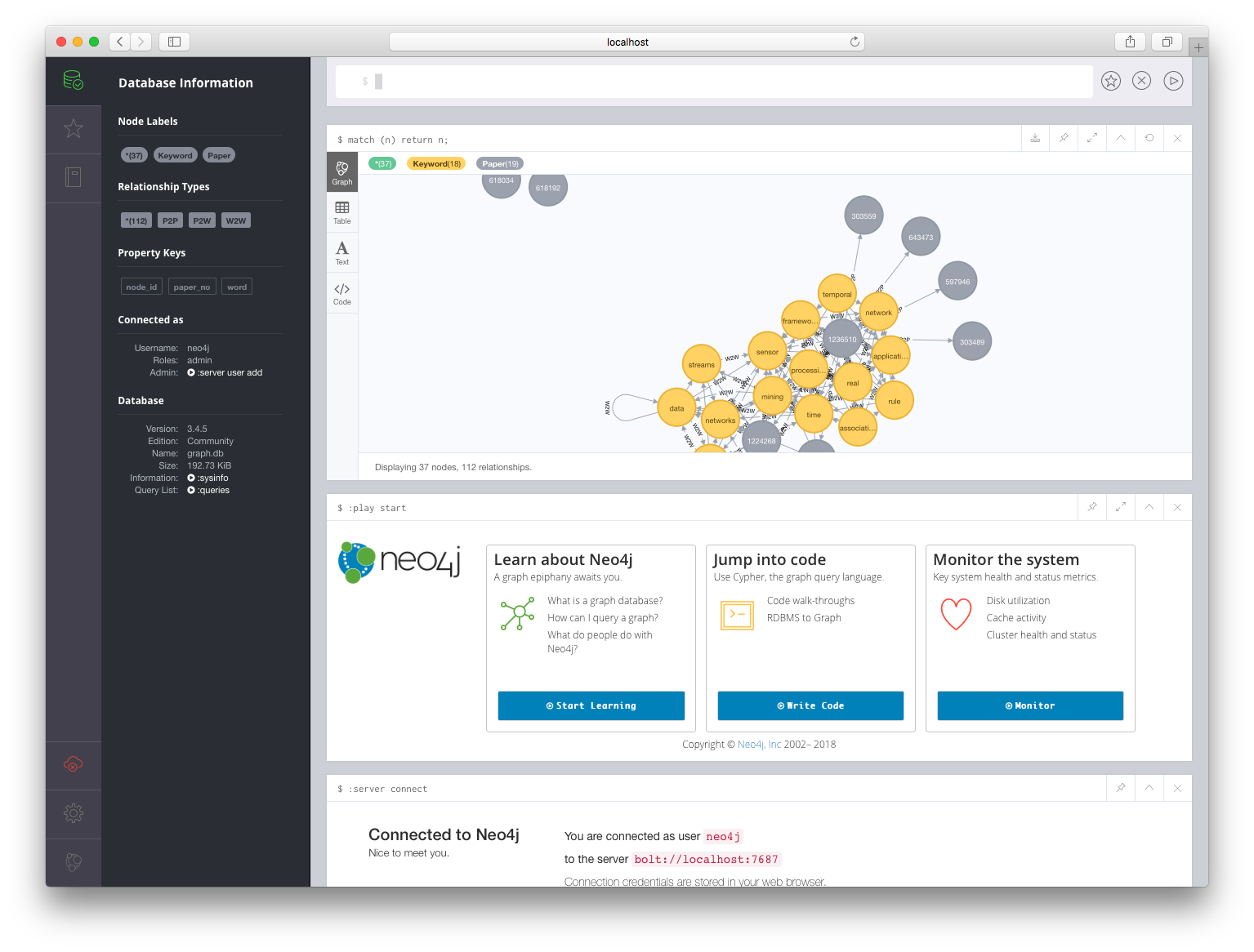 The Neo4j browser UI running from a container